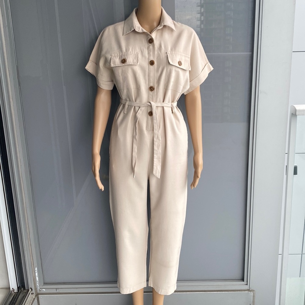 Vintage Neutral Beige Short-Sleeve Utility Jumpsuit